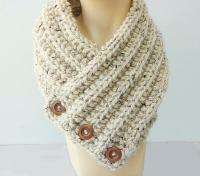 Buttoned Cowl Scarf, Hand Knit Winter Scarf, Chunky Scarf, Custom Color - image3